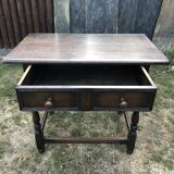 Vintage desk table in solid oak with 1 drawer facing turned legs with sleepers.