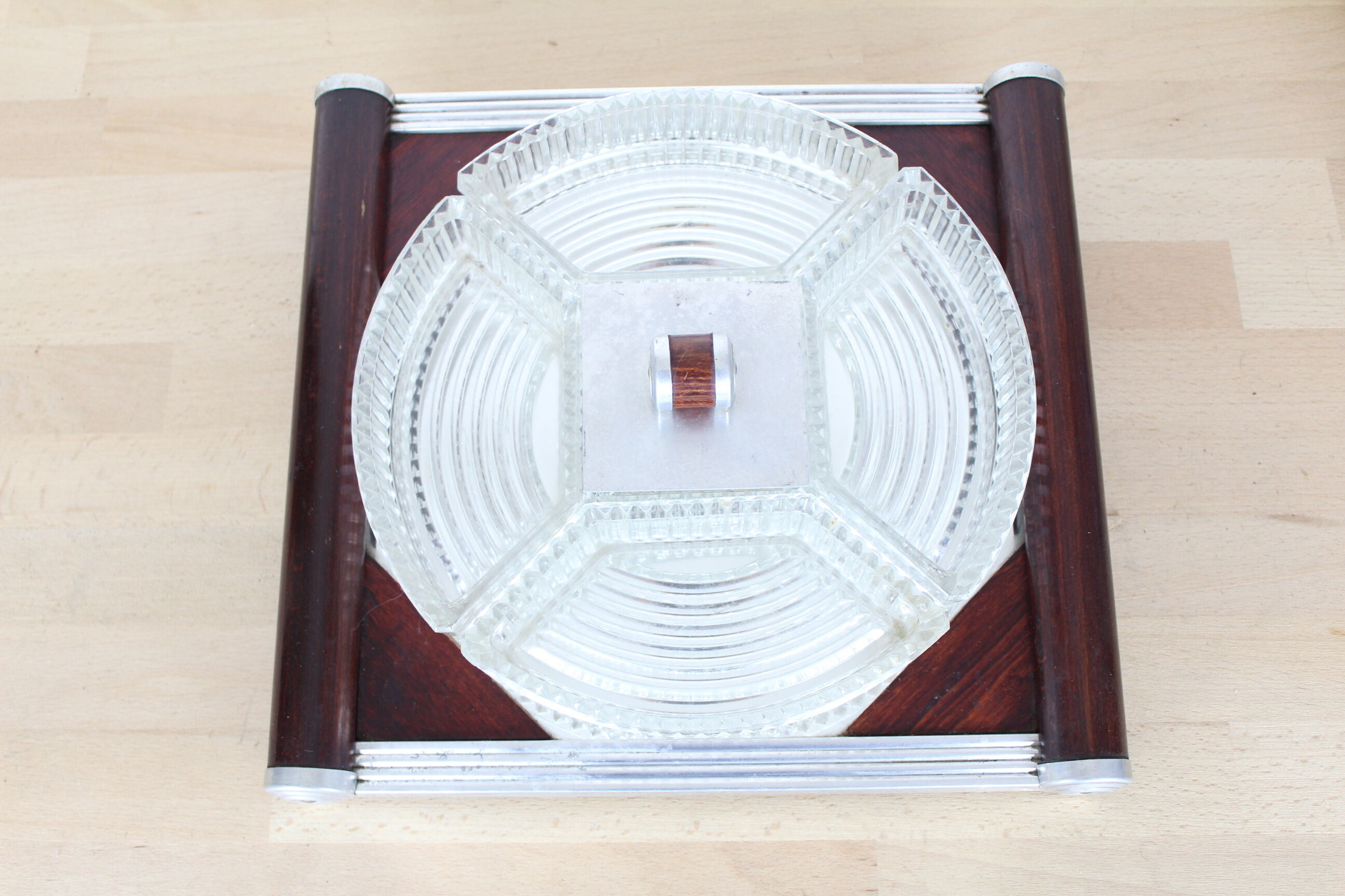 Mirror tray serving aperitif, wood and glass, art deco style