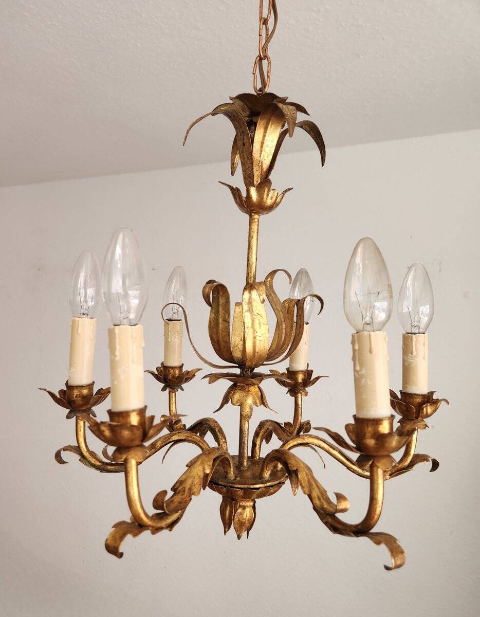 Vintage Hollywood Regency 6 light Chandelier gilded Italy Florence 1950-60