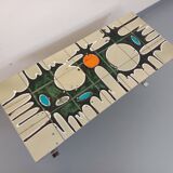 Vintage coffee table from the 60s and 70s in ceramic, chrome metal, and wood.