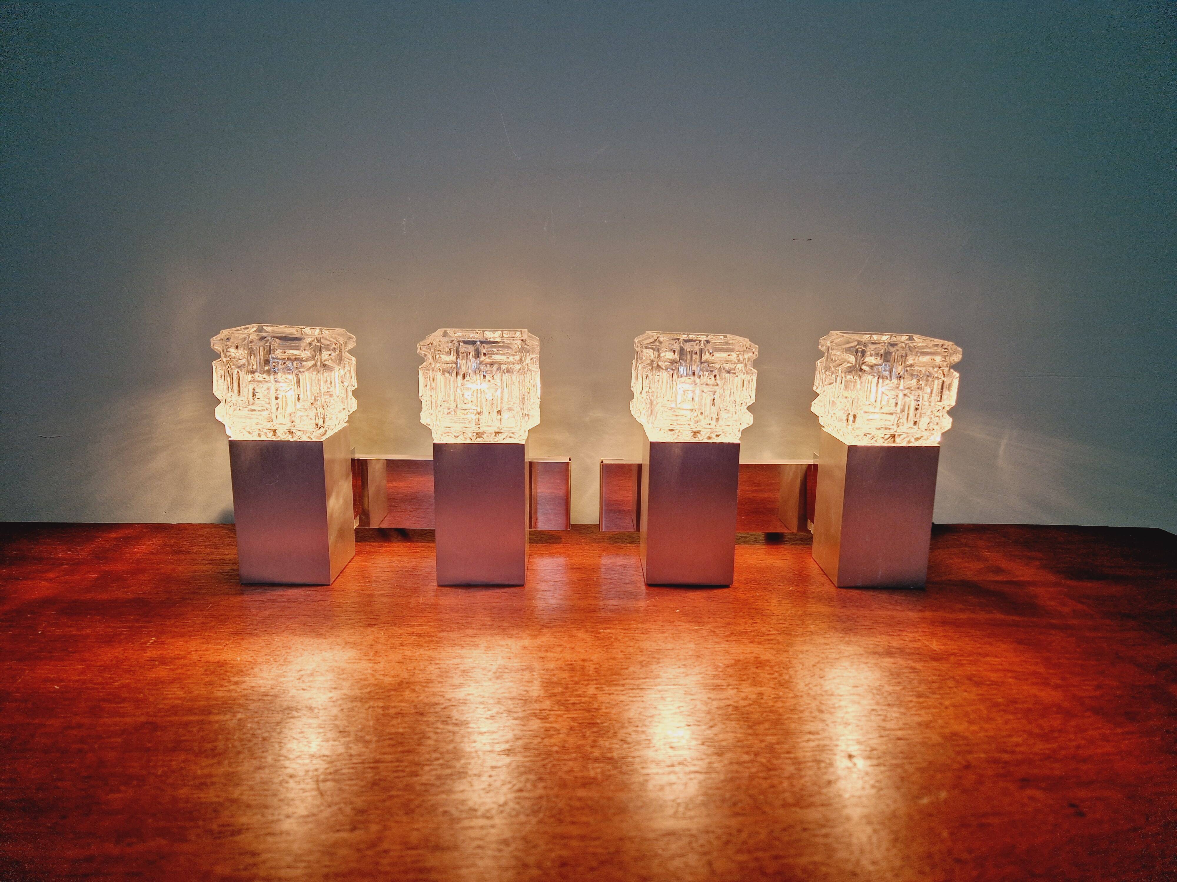 Pair of brushed aluminum and crystal wall lights, 1970s