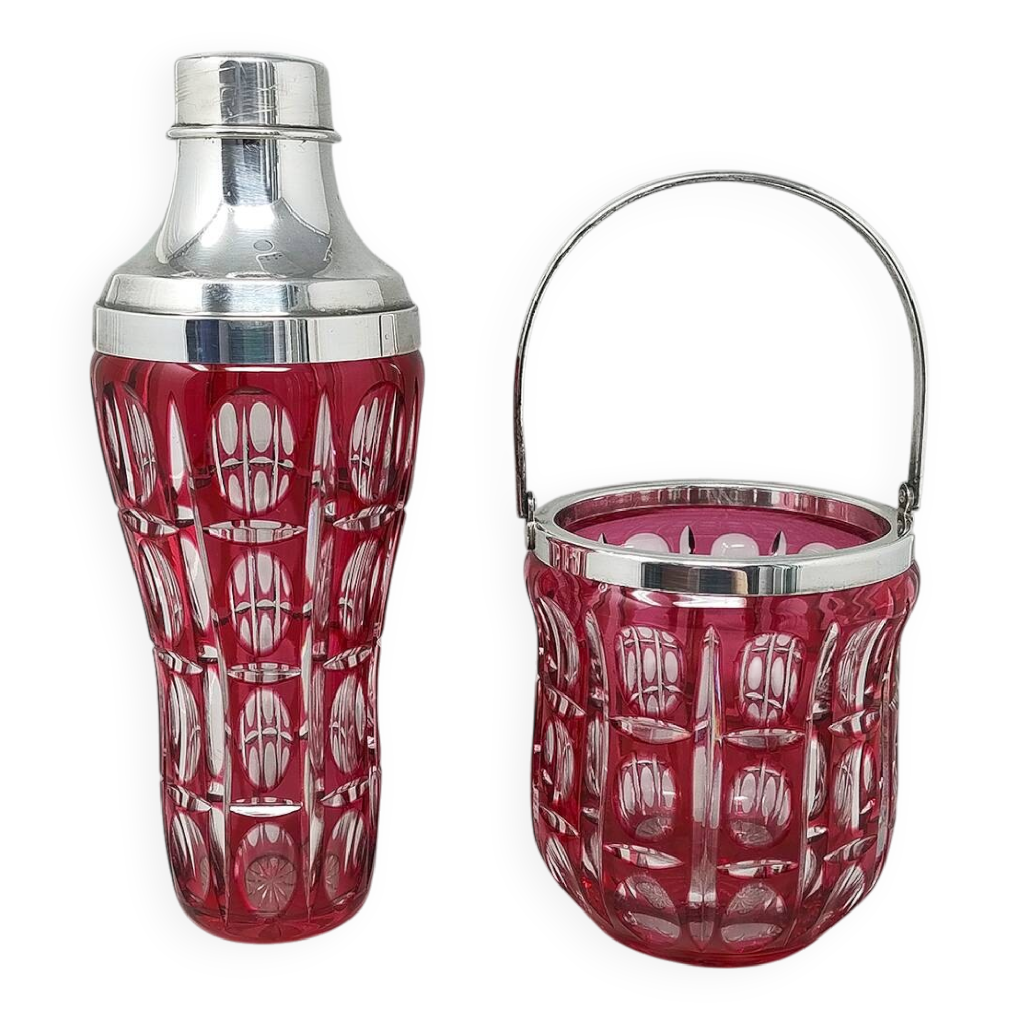 1960s Gorgeous Red Bohemian Cut Crystal Glass Cocktail Shaker With Ice Buck