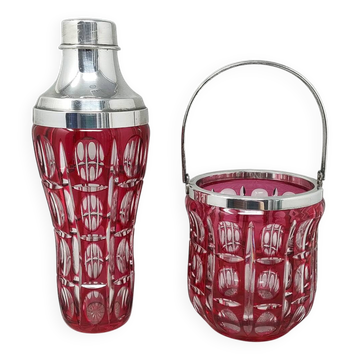 1960s Gorgeous Red Bohemian Cut Crystal Glass Cocktail Shaker With Ice Buck
