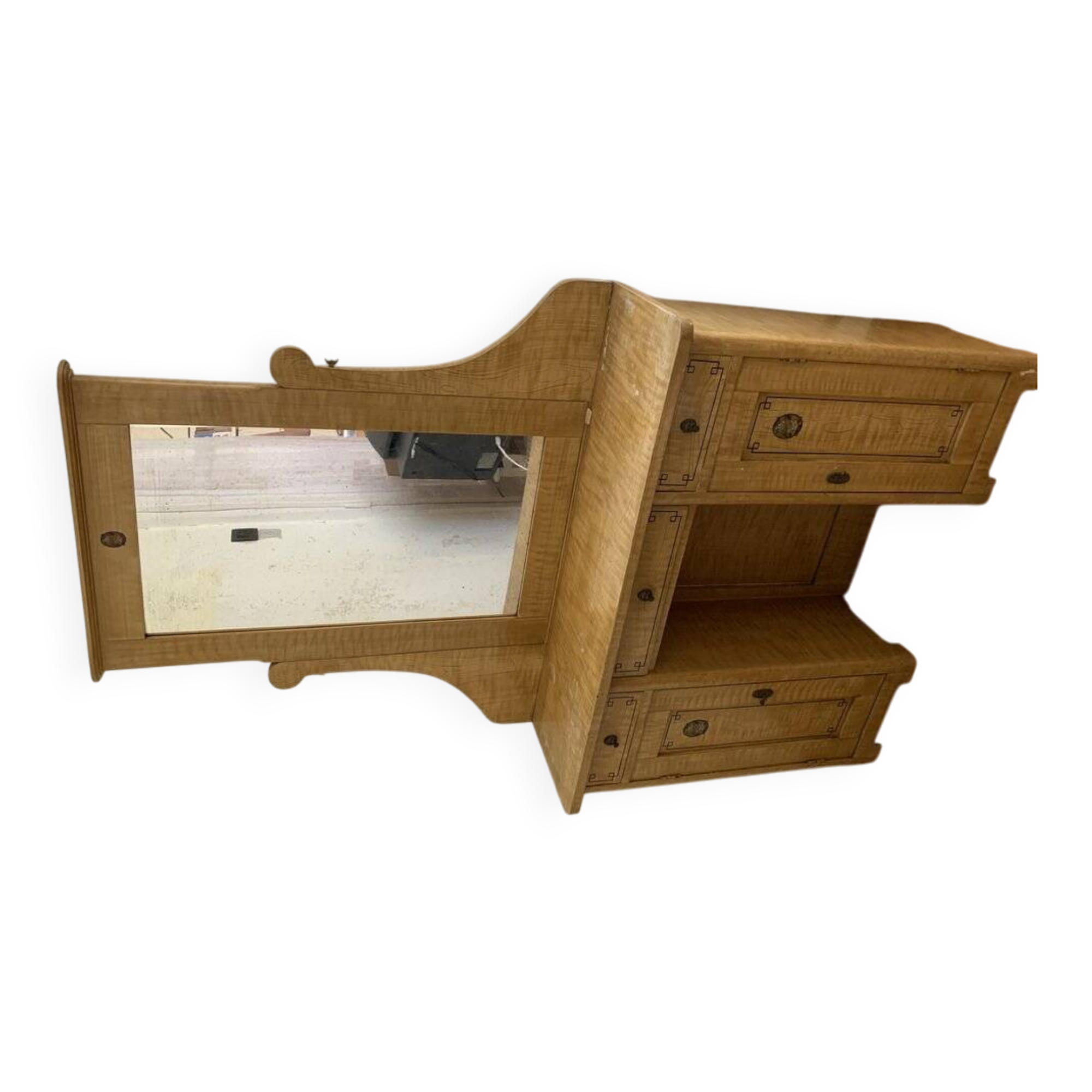 Hand-painted brown wooden dressing table with integrated mirror — early 20th century