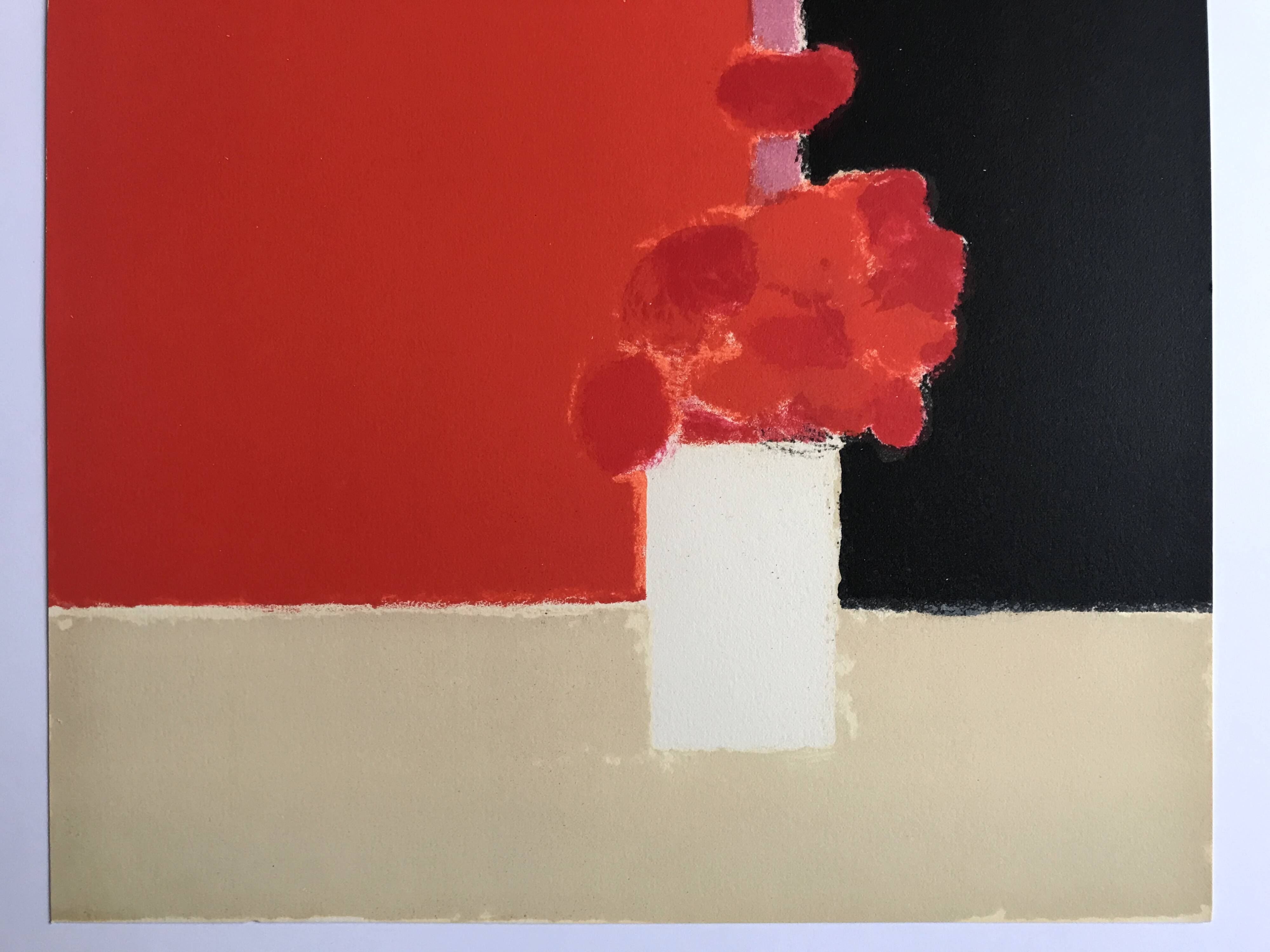 Original Tokonoma lithograph on a red and black background by Bernard Cathelin, 1988