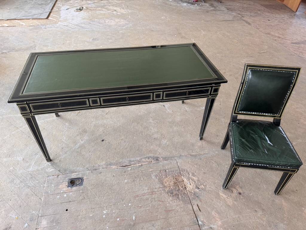Maison Jansen black lacquered wooden desk from the 1960s with chair.