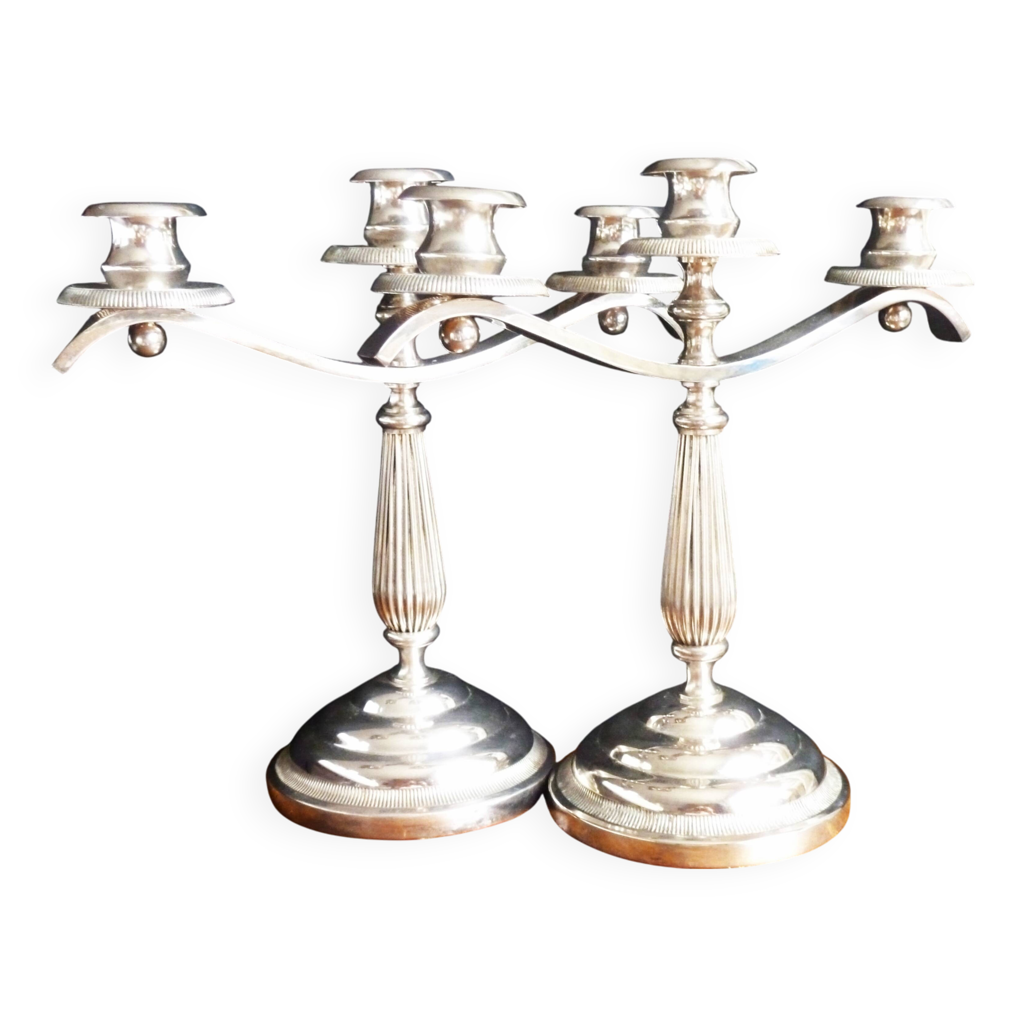 Pair of silver metal candlesticks / 3-branch silver metal candelabras.