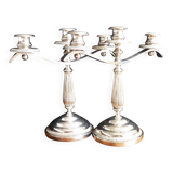 Pair of silver metal candlesticks / 3-branch silver metal candelabras.