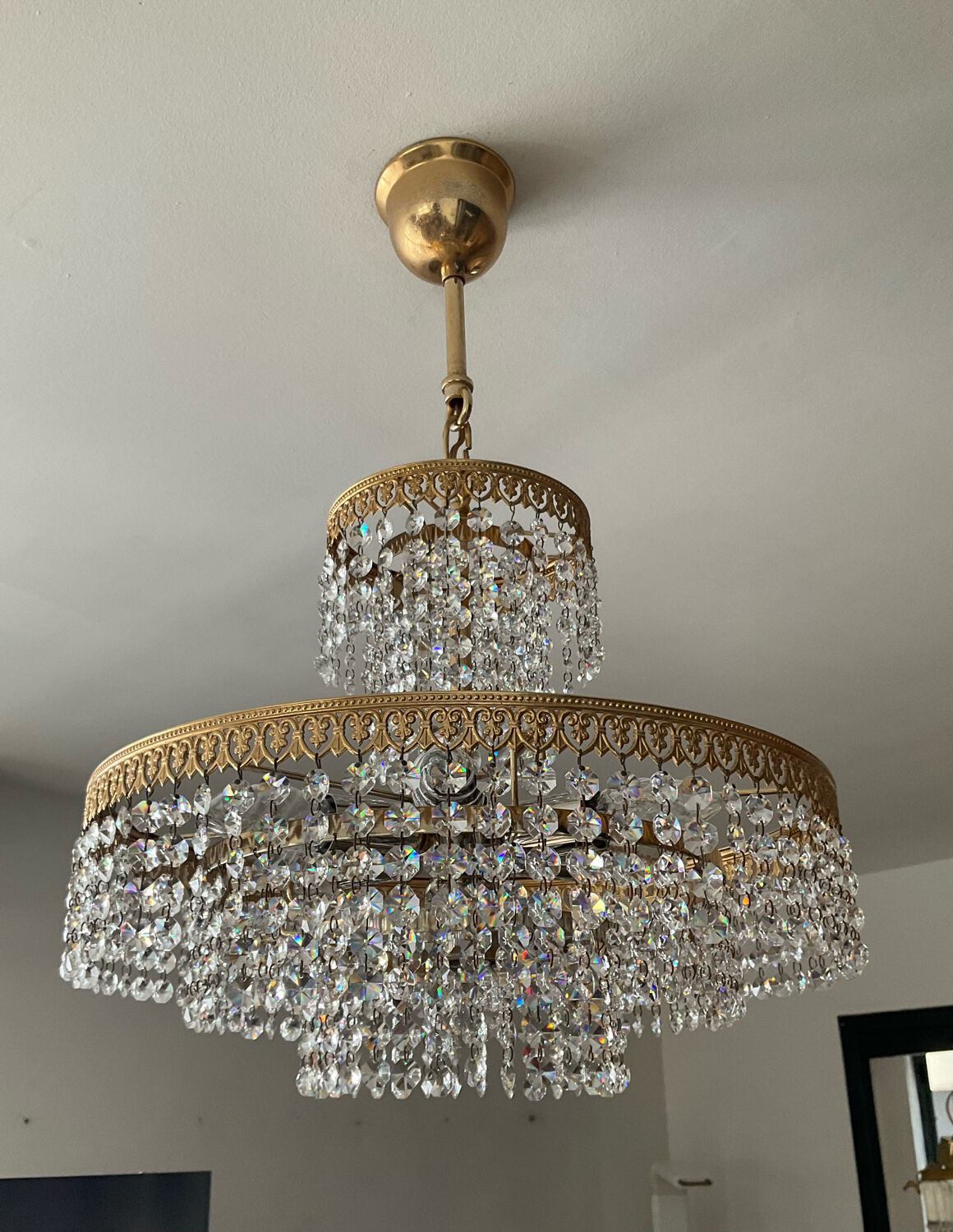 Brass chandelier and crystal tassel waterfall