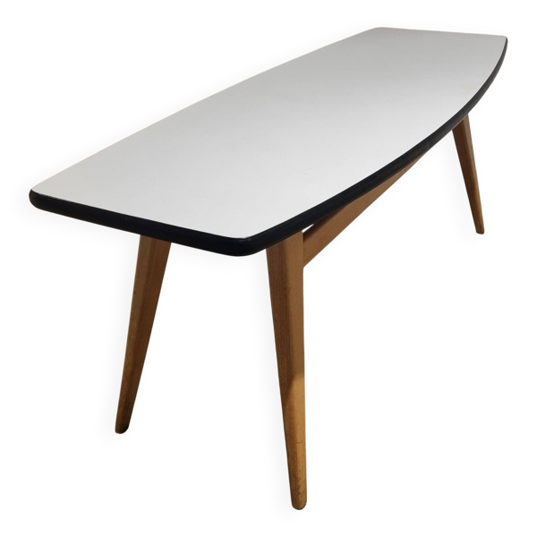 Table basse vintage en forme de planche de surf, en bouleau et formica, années 1950