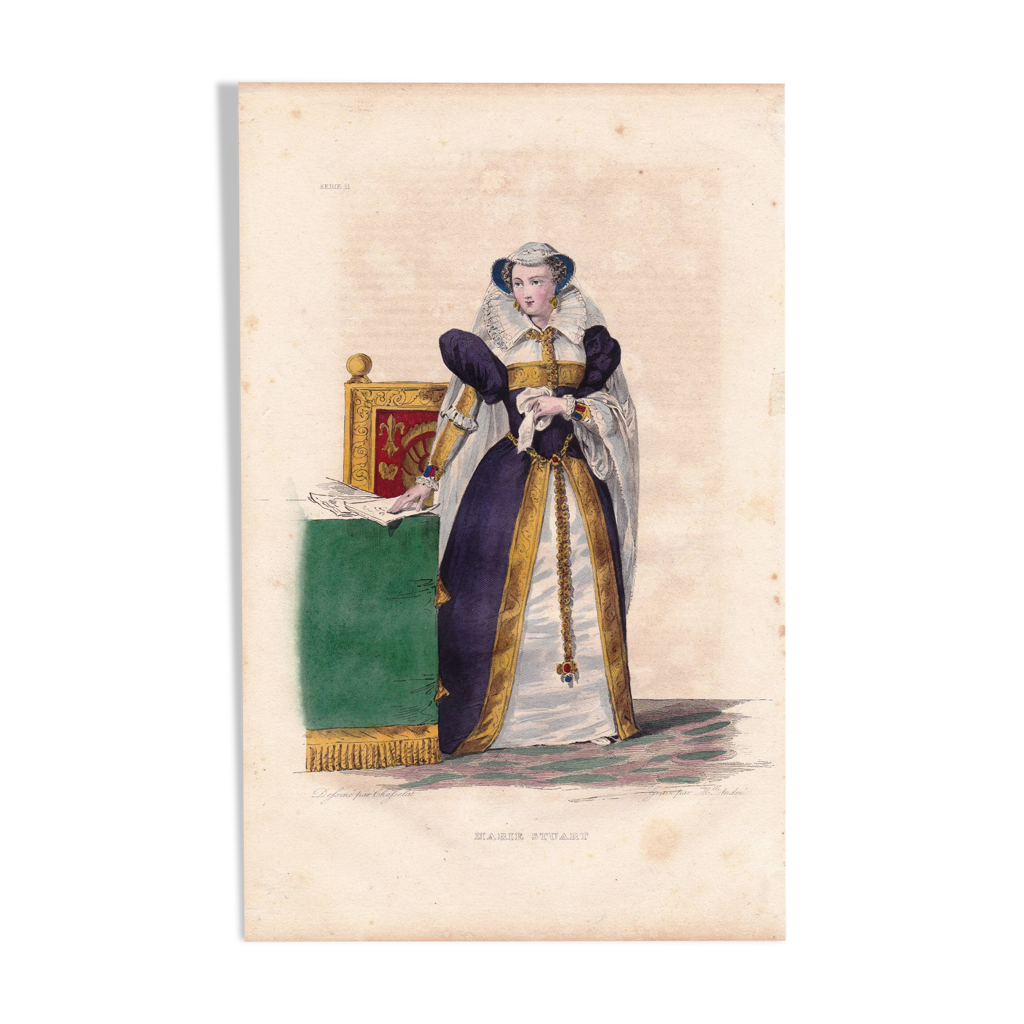 Gravure XIXe 1839 Portrait Reine Marie Stuart Mode Fashion Mary Queen