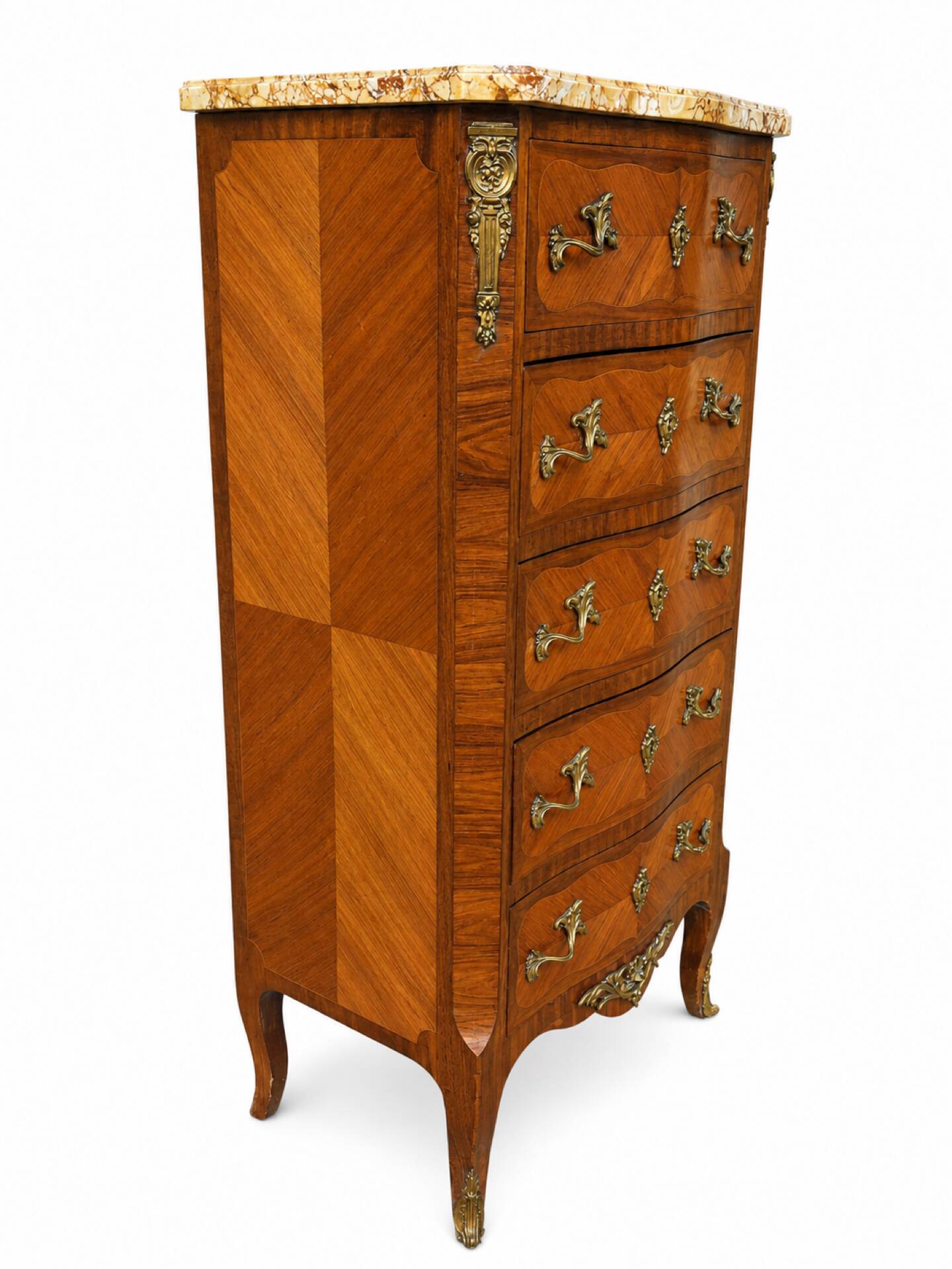 Louis XV style chest of drawers, Rosewood veneer and marquetry.