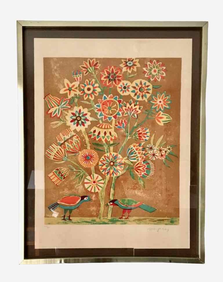 Lithograph signed Jacques Margerin The tree with flowers and birds 1960-70