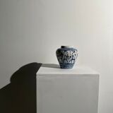 Blue and white Portuguese handmade vase with stylized pastoral pattern H:12,5cm