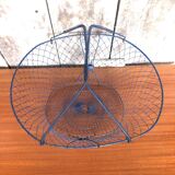 Old foldable blue metal basket, vintage handles