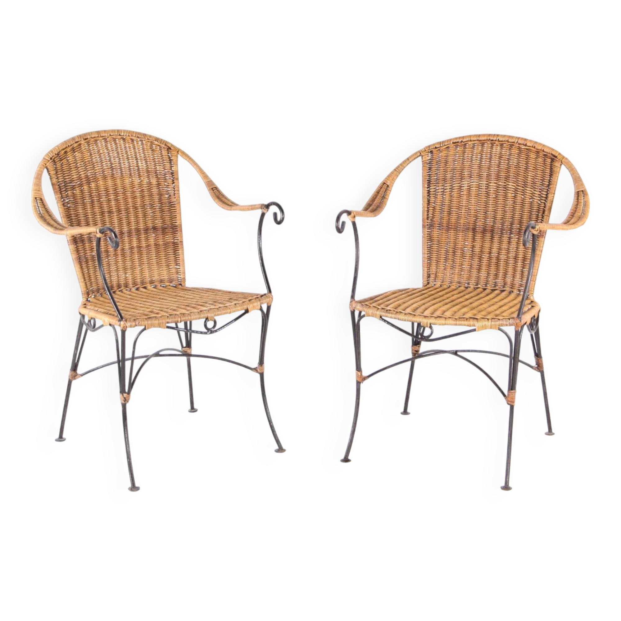 Pair of wicker and iron armchairs