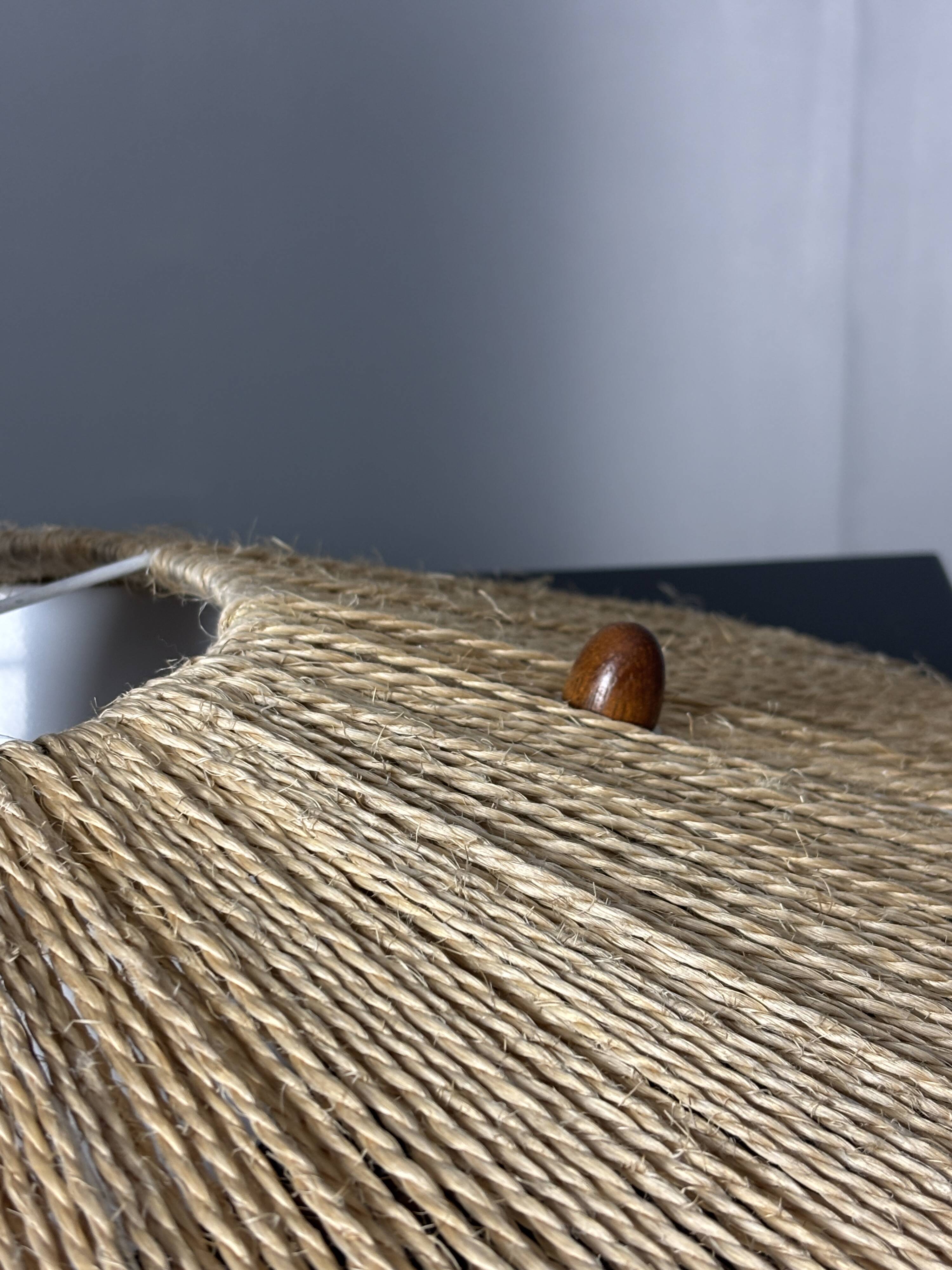 Large Mid-Century Teak and Sisal Cord Hanging Pendant by Temde Leuchten,60s