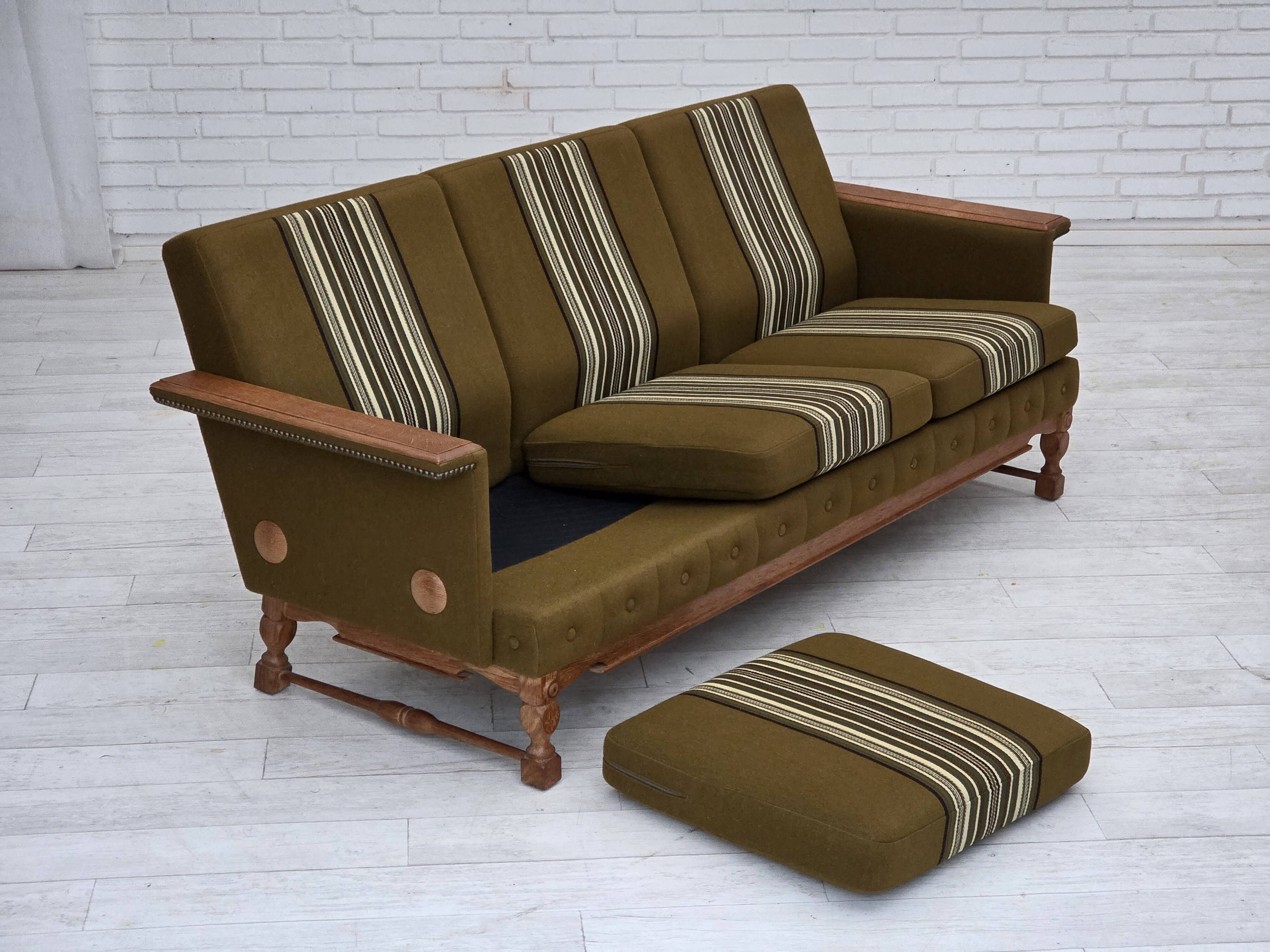1970s, Danish 3-seater sofa, furniture wool, solid oak wood.