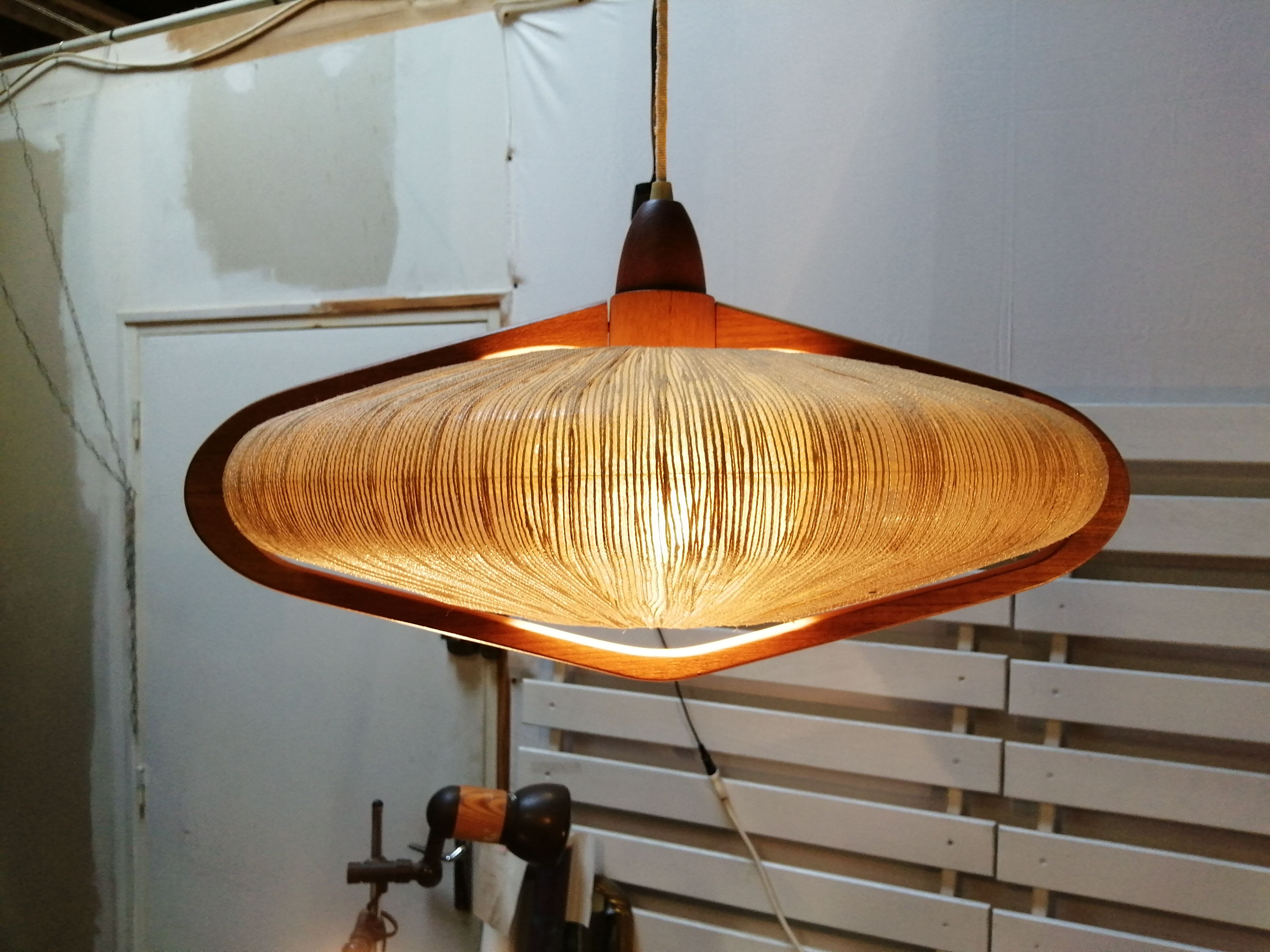 Sisal Ufo pendant lamp and vintage teak by Temde Leuchten
