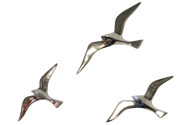 Set of 3 chrome gull birds, 15 - 20 -25 cm
