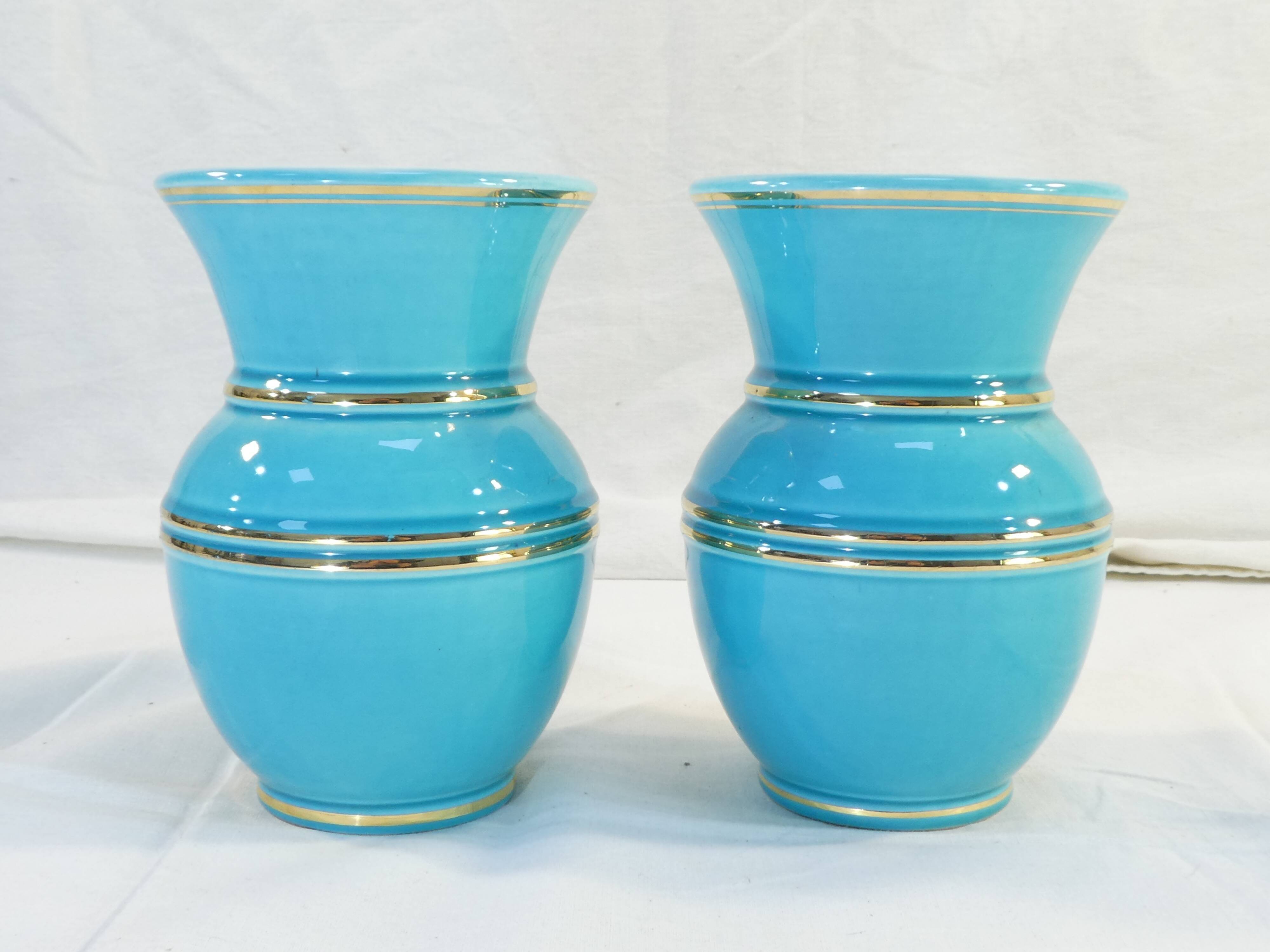 Pair of TURQUOISE BLUE AND GOLD VERCERAM vase