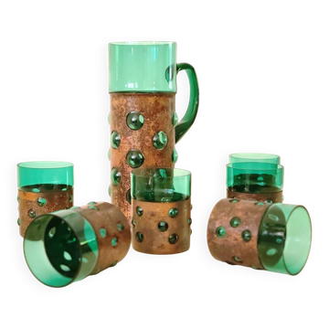 Vintage brutalist drinks set of green glass and patinated copper