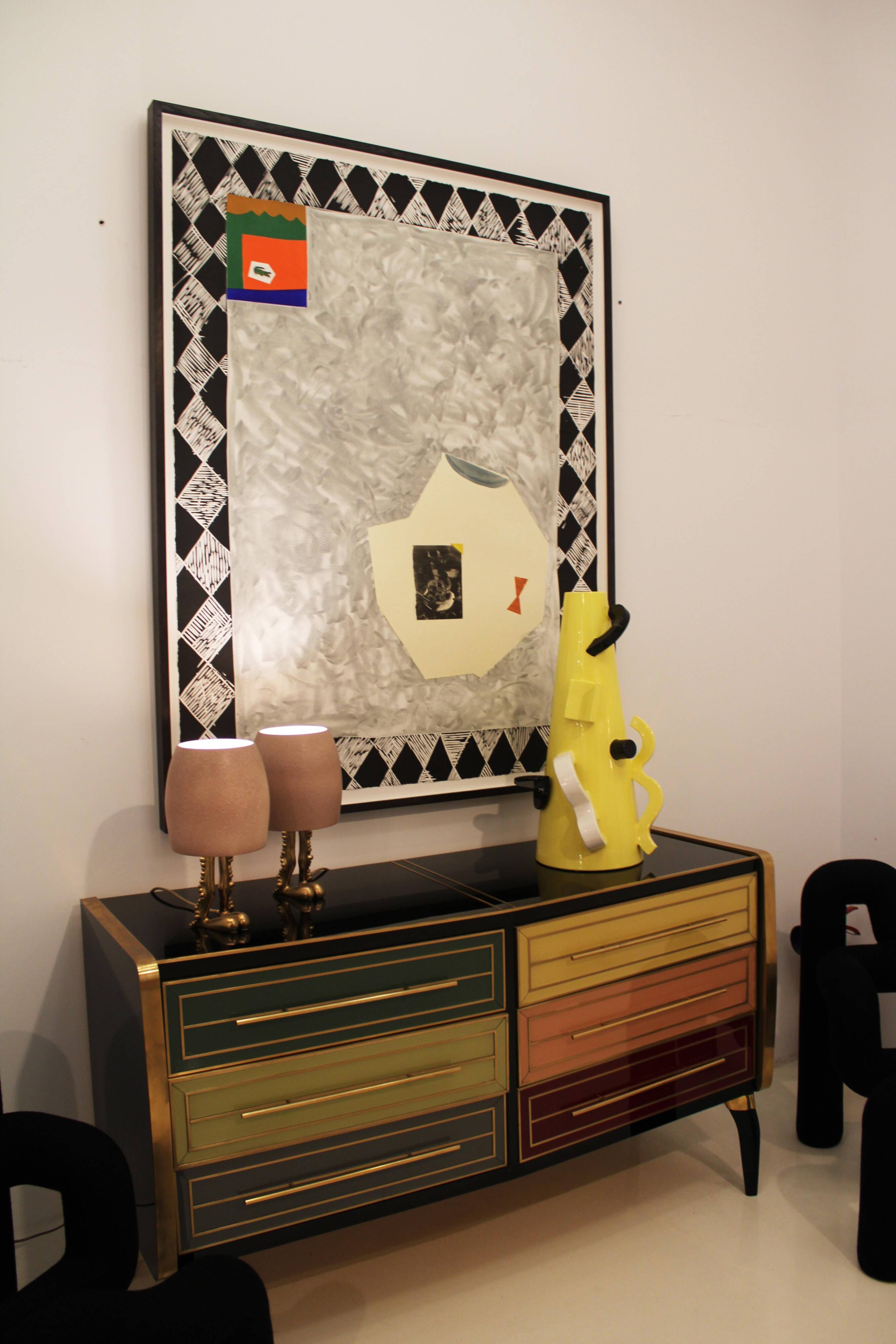 Mid Century Solid Wood And Colored Glass Bar Furniture, Italy 1950's