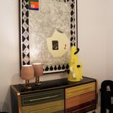 Mid Century Solid Wood And Colored Glass Bar Furniture, Italy 1950's