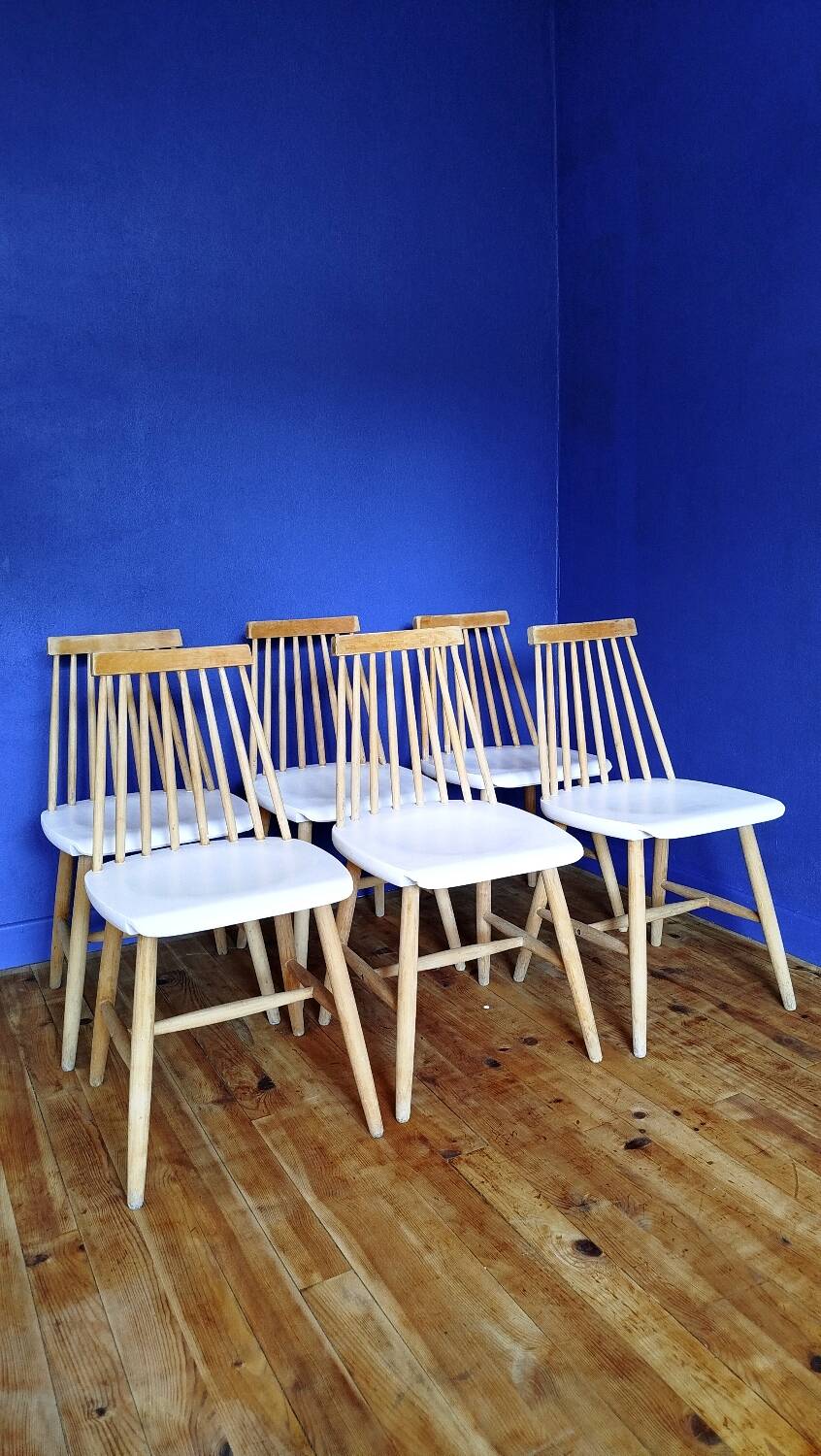 6 vintage wooden and white chairs