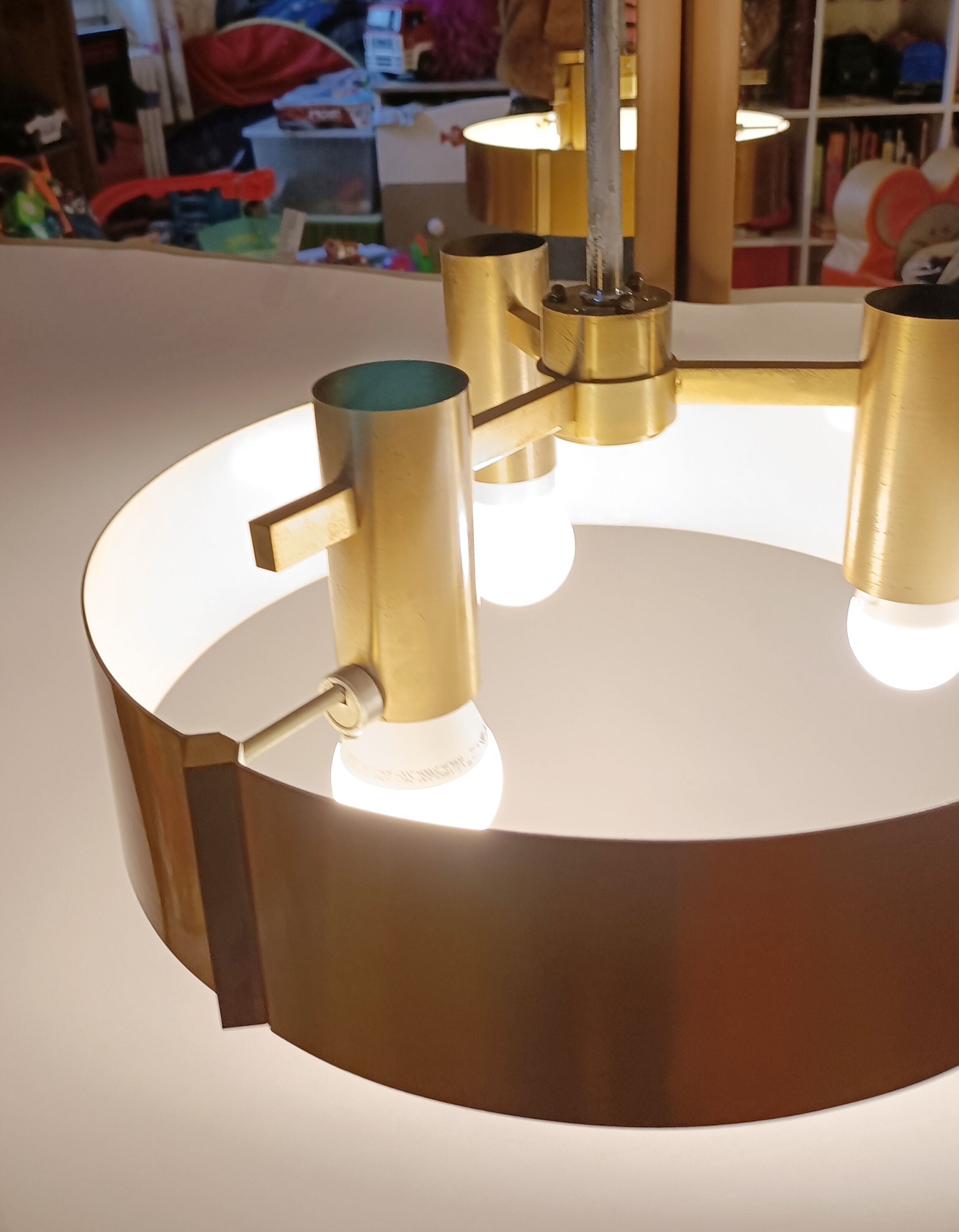 Italian 3-light suspension UFO brushed aluminium and golden brass 1970