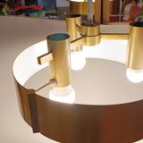 Italian 3-light suspension UFO brushed aluminium and golden brass 1970