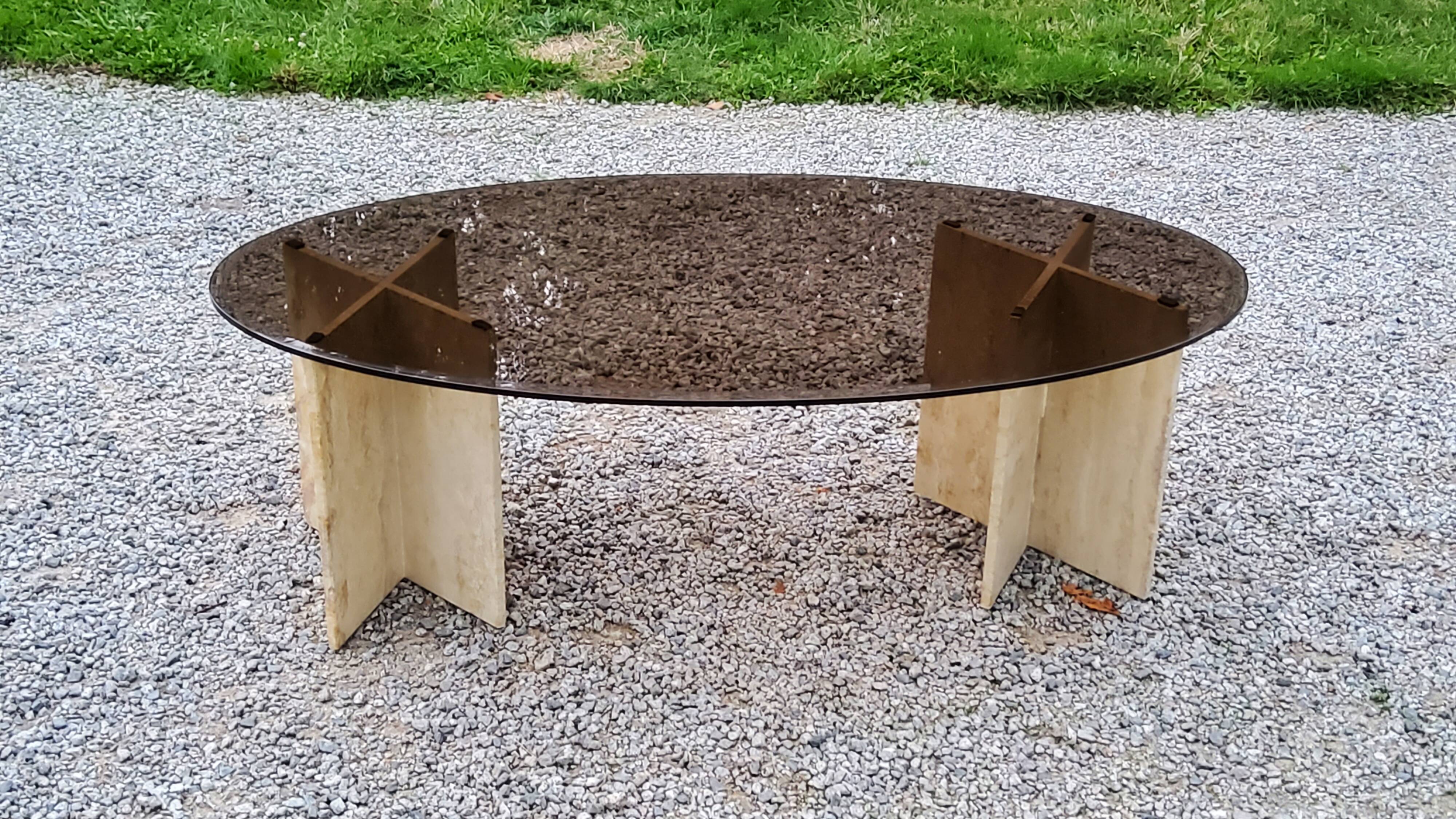 70s travertine and smoked glass designer coffee table