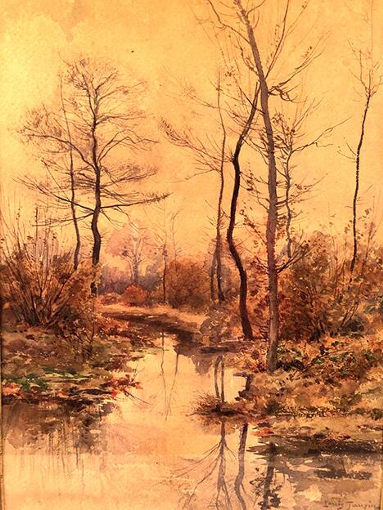 Louis Tauzin (1842-1915), “Landscape at the river” watercolor signed and framed