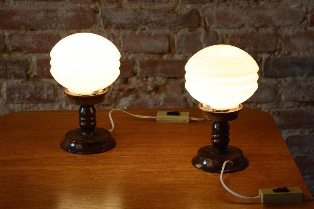 Art Deco Table Lamps in Beech and Opal Glass, Czech, 1930s, Set of 2