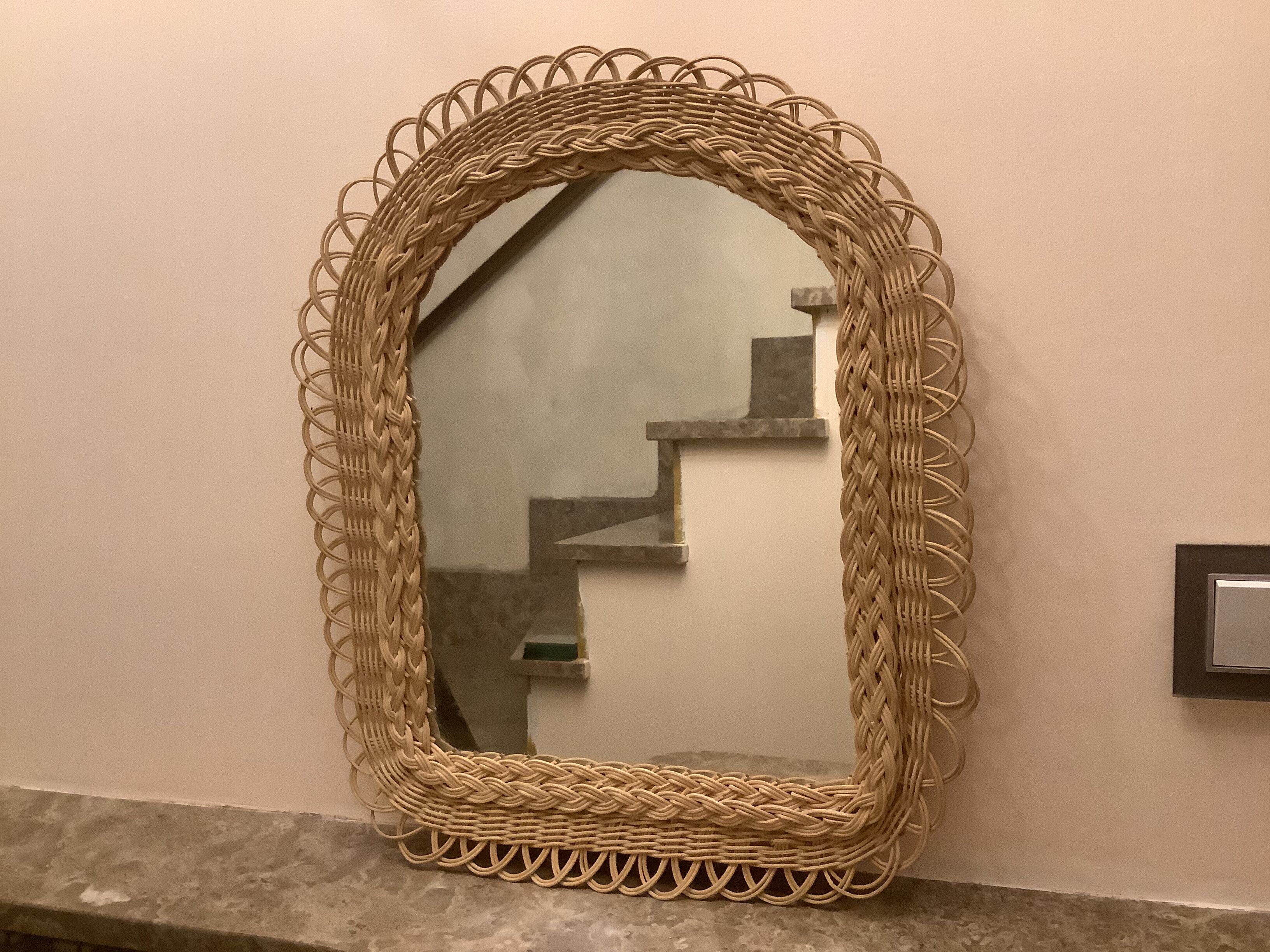 Old rattan wicker braided mirror, 48x40 cm