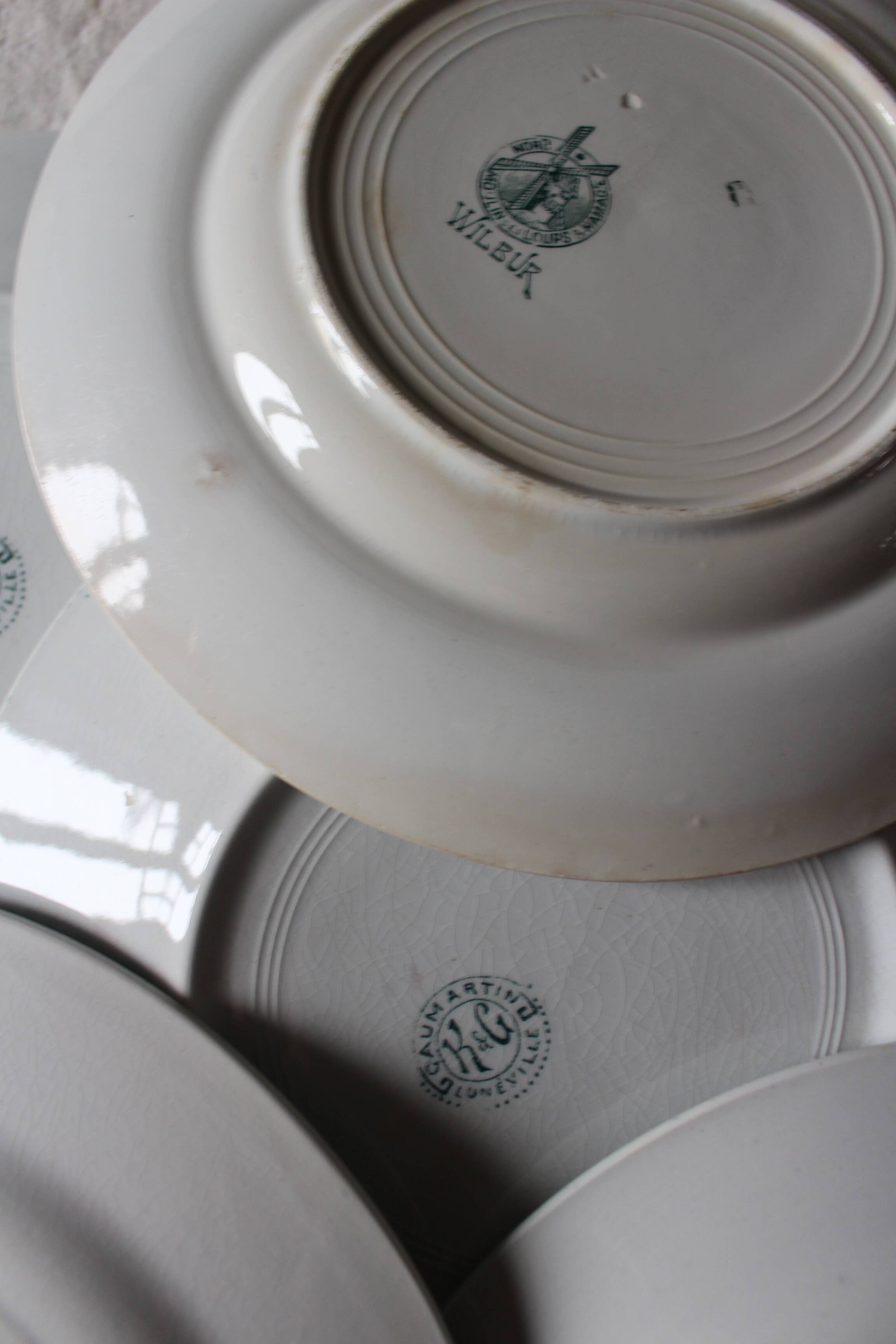 A set of 5 mismatched green blue Terre de fer flat plates