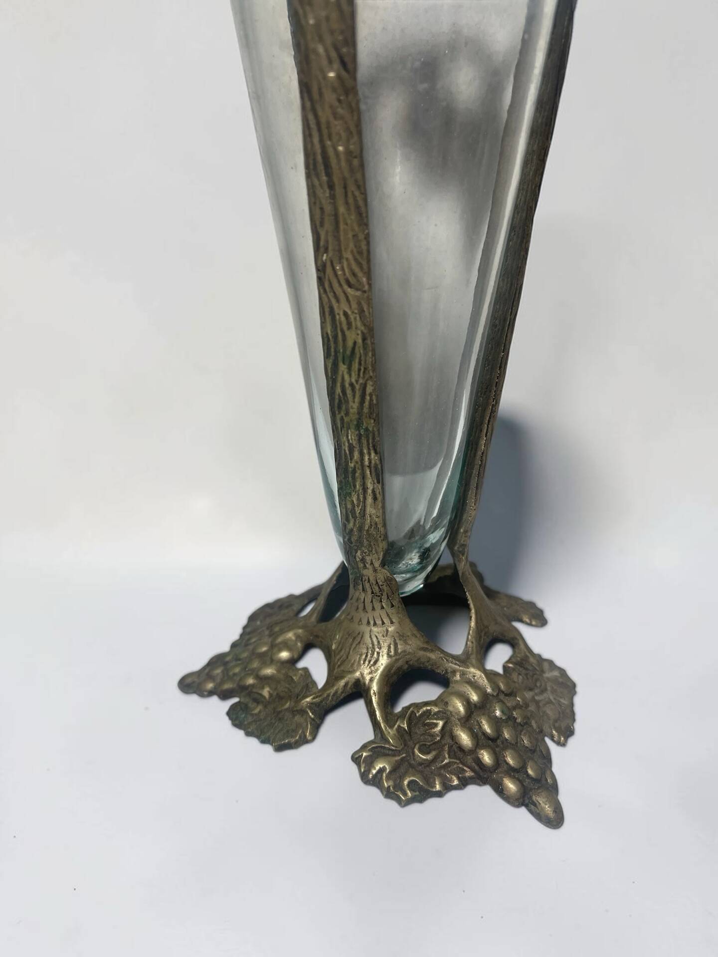 Antique Art Nouveau vase in patinated bronze metal with removable glass.