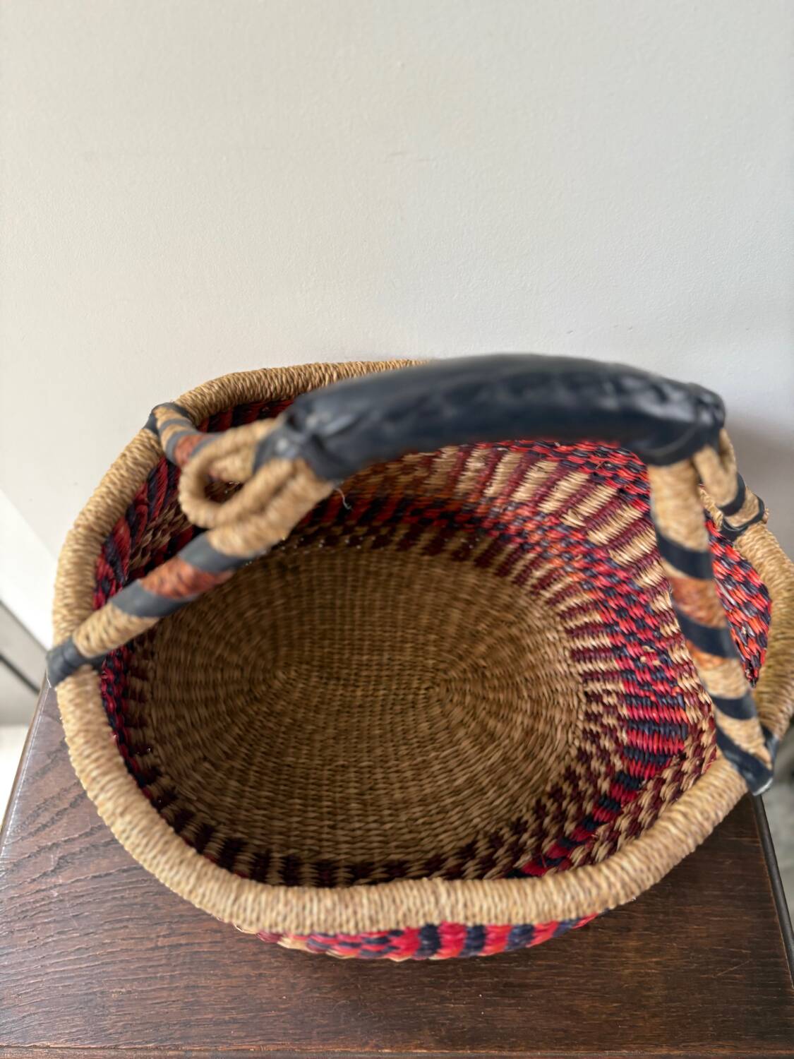 Vintage colorful woven rush ethnic basket