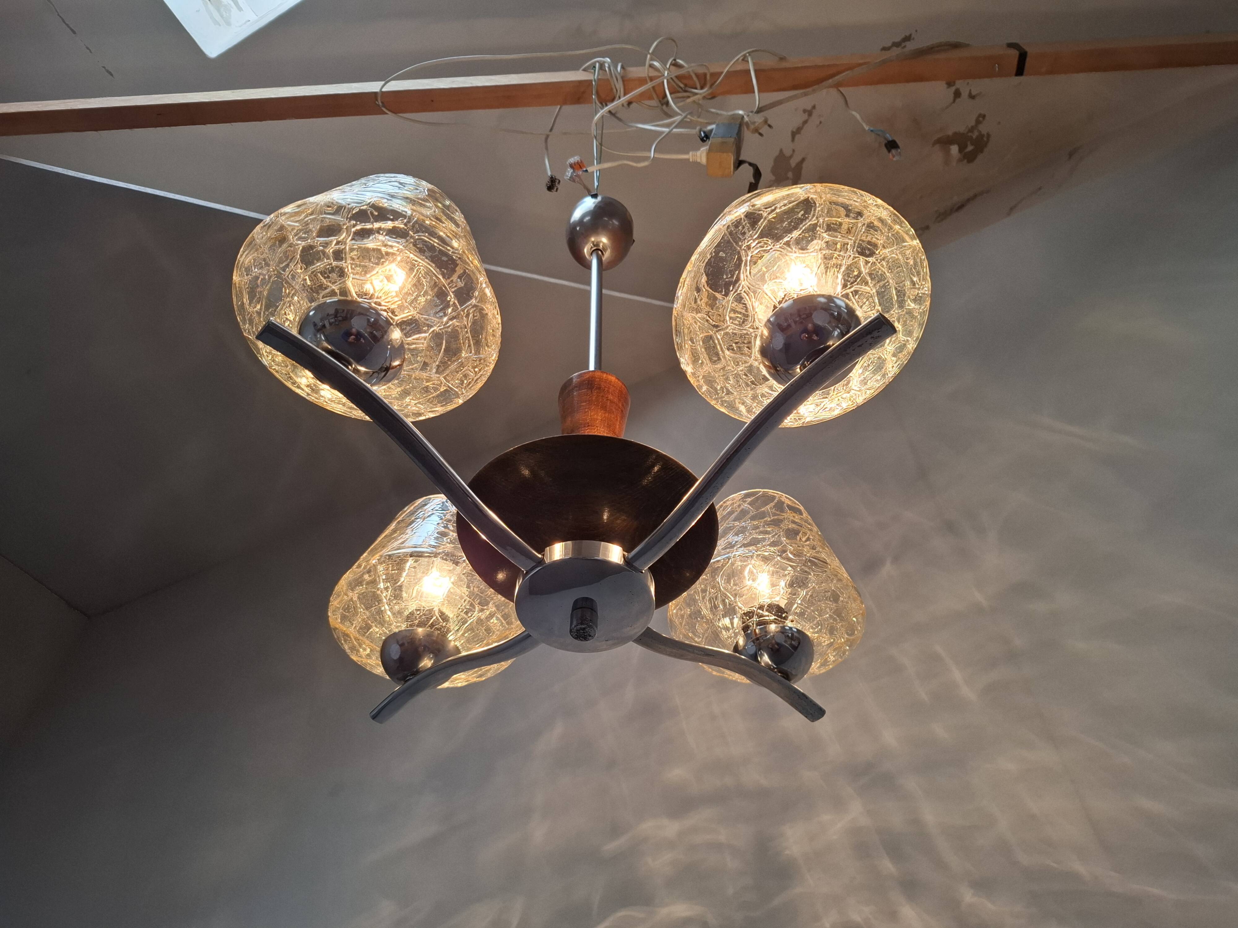 1960s Napako Mid-Century Modern Czech Four-Arm Glass Wood Chrome Chandelier
