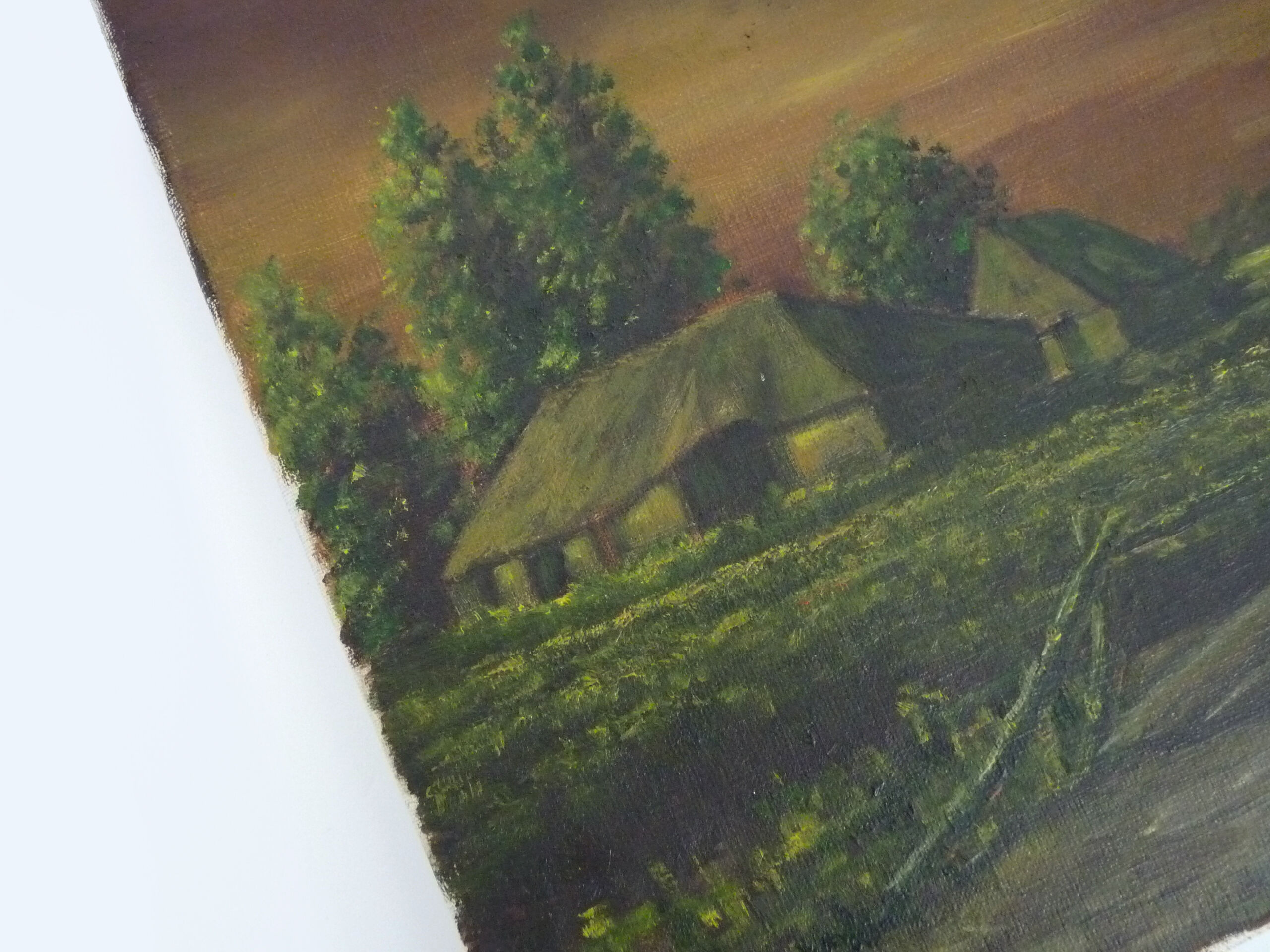 Oil on canvas village by Jan Van Dooren, sunset. Signed. Seventies