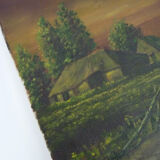 Oil on canvas village by Jan Van Dooren, sunset. Signed. Seventies