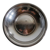 Shallow round metal plate with pearl row decoration.