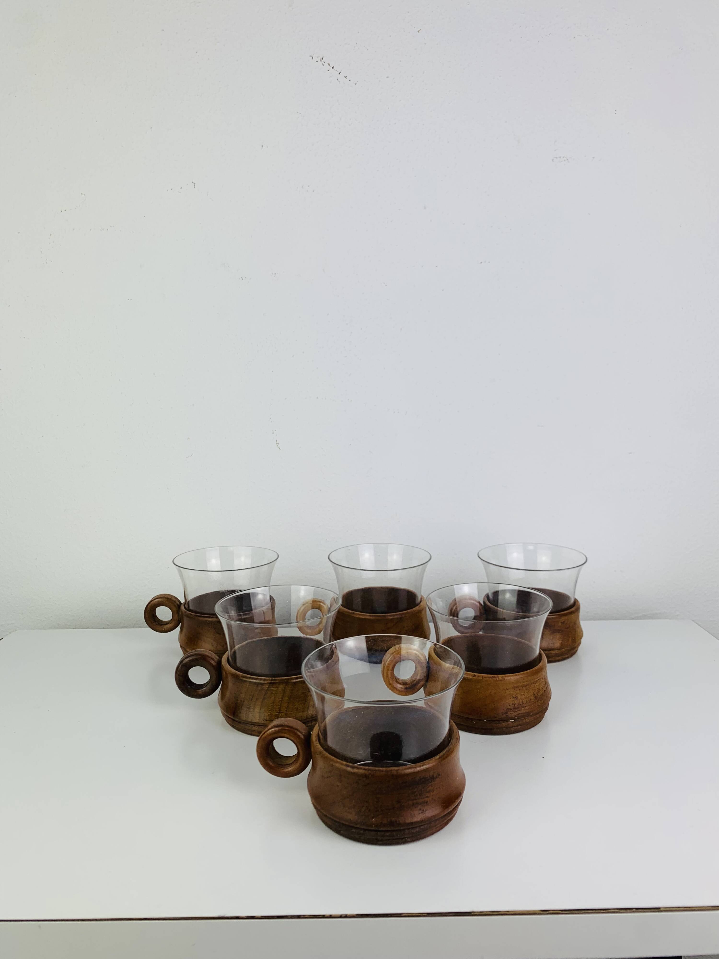 6 glass and teak cups in Scandinavian style, 1960s