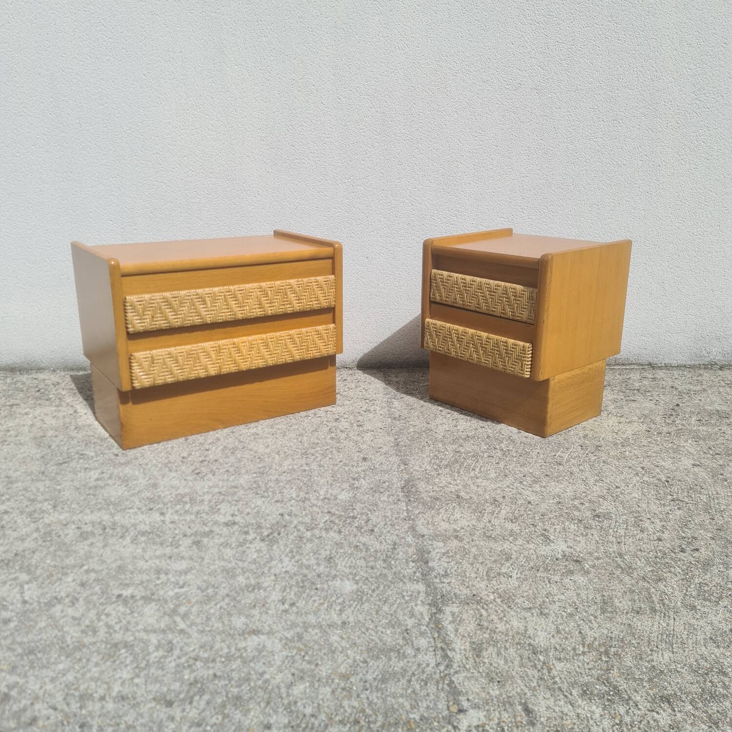 Pair of bedside tables, vintage rattan side furniture 1960
