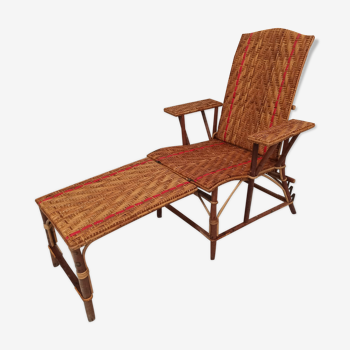 Transat bain de soleil en osier rotin bois chaise longue rouge