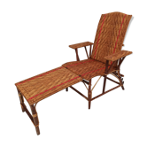 Transat bain de soleil en osier rotin bois chaise longue rouge