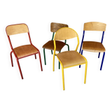 set of 4 mismatched school chairs multi-colored industrial vintage school