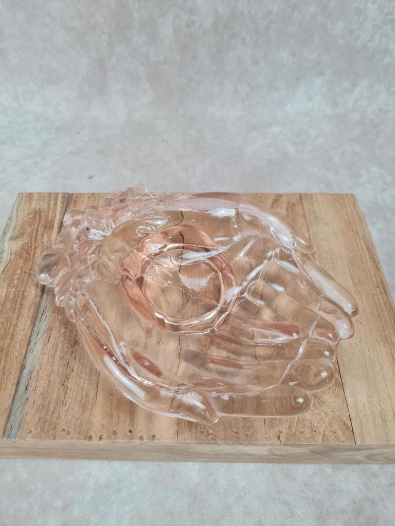 Vintage pink glass catchall / ashtray, hands joined.