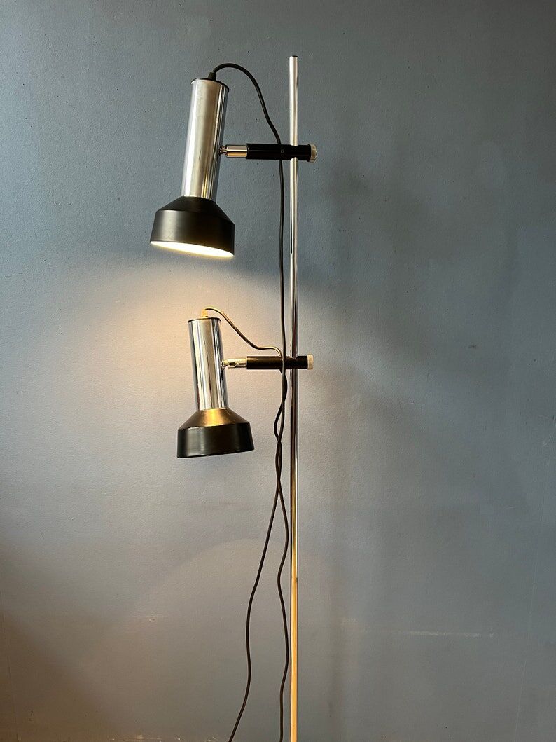 Mid-century floor lamp with two black/chrome spotlights