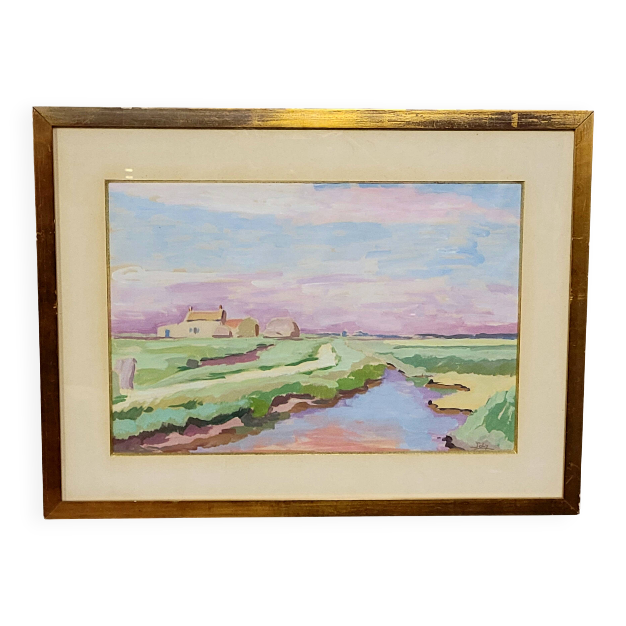 Gouache on paper depicting a marsh landscape